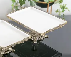 PORSELEN DİKDÖRTGEN KULPLU AYAKLI SUNUM 35X26CM OKSİT
